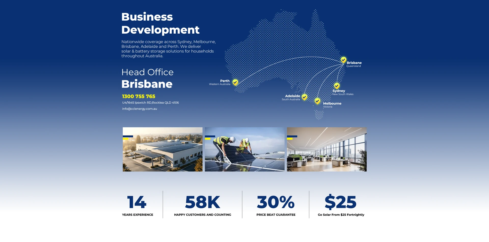 Business Development · Brisbane head office · Australia coverage · office photos · company statistics